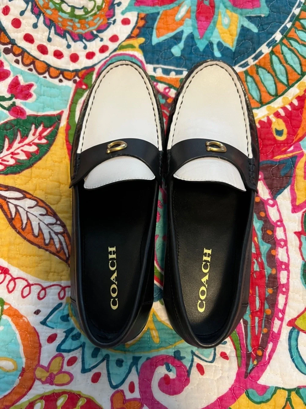 Coach Women's Two-Tone Black & White Leather Loafers - Picture 2 of 7